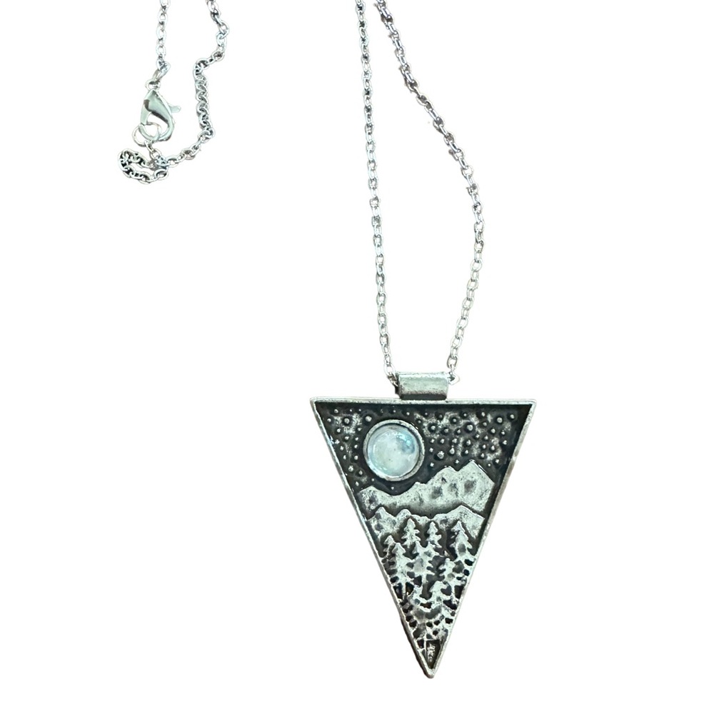 Nighttime Nature Scene Silver Geometric Pendant Necklace